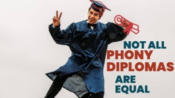 graduate jumping up and down to celebrate finding phony diplomas online
