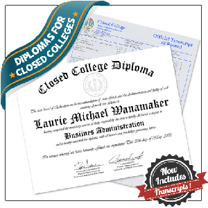 Signed diploma with embossed school crest and transcript on watermarked security paper from closed college no longer operating