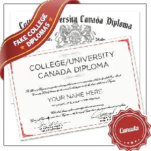 Signed diplomas from Canada university featuring real college layouts with coat of arms on fancy red border paper