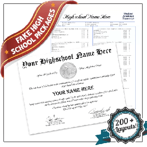 Diploma from high school with embossed silver seal along with matching transcript set with complete student and class breakdown on academic security paper