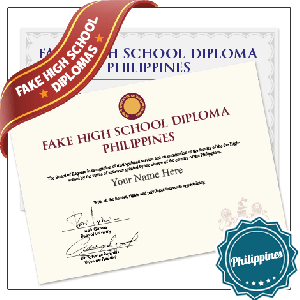Two diploma fakes from high school in Philippines featuring detailed red and gold embossed seal and signed on academic paper with a border certificate paper