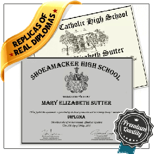Replica of high school diplomas from private Catholic school with decorative watermark and real high school from 2005