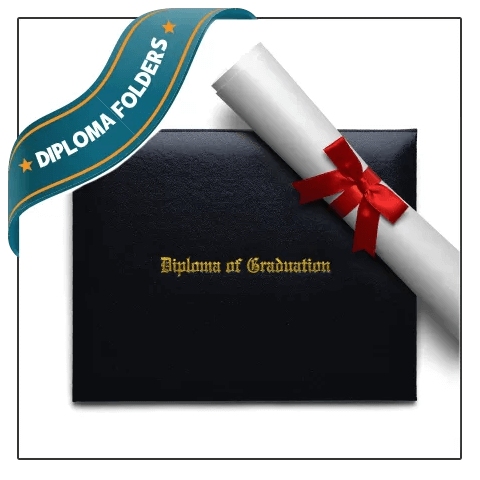 Diploma of graduation black leather folder with rolled diploma with red ribbon laid over top of it
