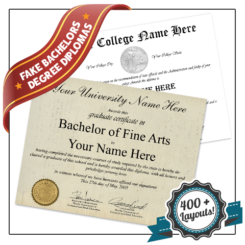 Bachelor of fine arts diploma featuring shiny gold seal in front of second diploma with silver embossed seal