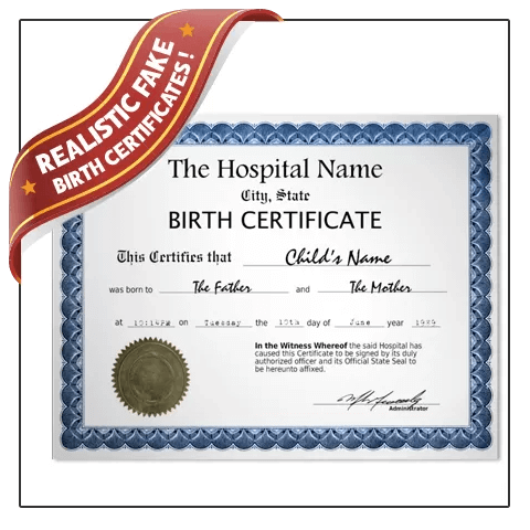 Copy of detailed hospital issued certificate of birth that has mother and father and child details with shiny gold embossed seal on decorative blue border certificate paper