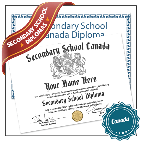 secondary school diploma from Canada featuring embossed gold seal and second copy with decorative blue border
