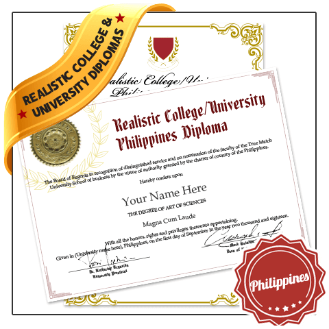 Philippines college diploma with gold embossed seal next to diploma with shiny border