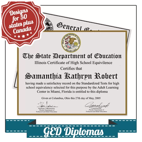 Diplomas from GED testing centers featuring embossed printed sate seals on border paper signed with student details
