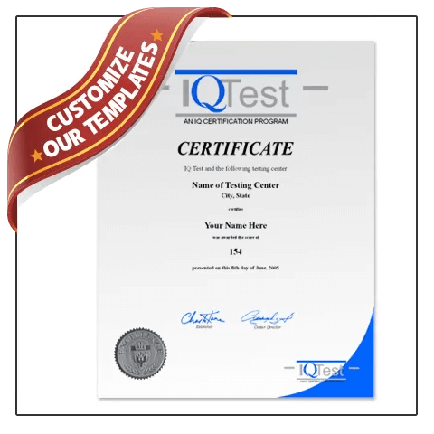IQ test certificate with silver seal on blue and gray paper