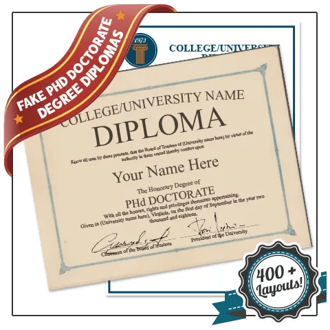 Signed by hand Phd diploma featuring doctorate layout on border paper with second diploma with school seal behind it