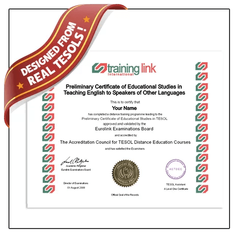 tesol diploma featuring green and red border and gold embossed seal