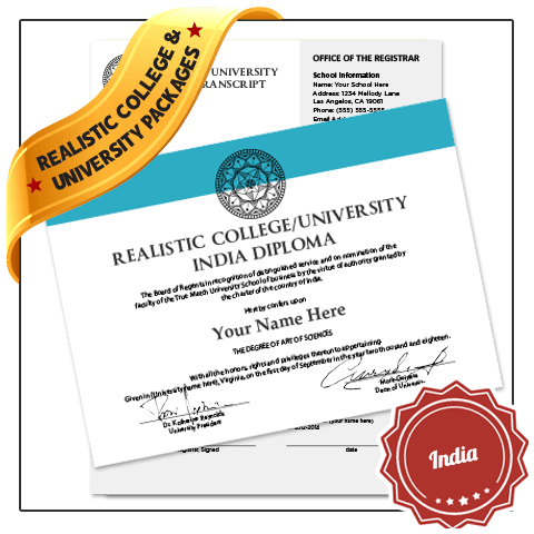 India university diploma featuring solid aqua border and embossed black seal next to set of complete academic transcripts