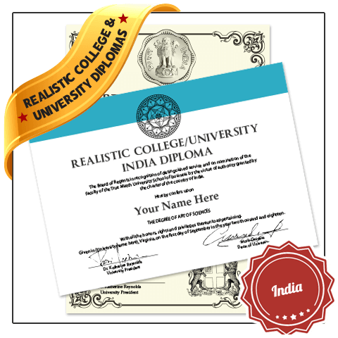 India college diploma with black raised seal next to version featuring decorative border