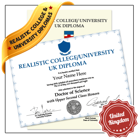 Two diplomas from United Kingdom colleges featuring real UK layout with shiny gold embossed silver seals and colorful coat of arms singed by hand and printed on premium paper