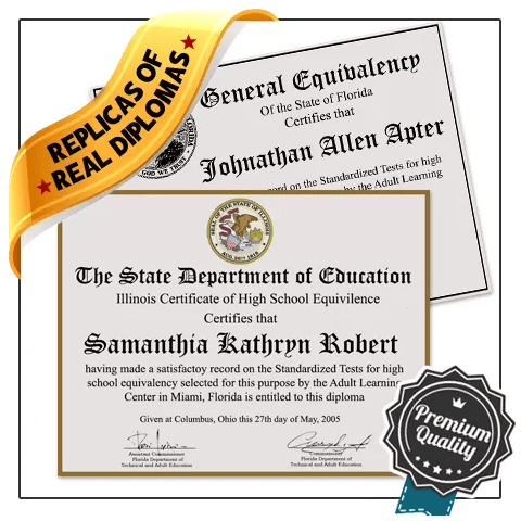 Real ged diplomas from testing centers featuring matching layout with embossed full color state seals on premium quality papers