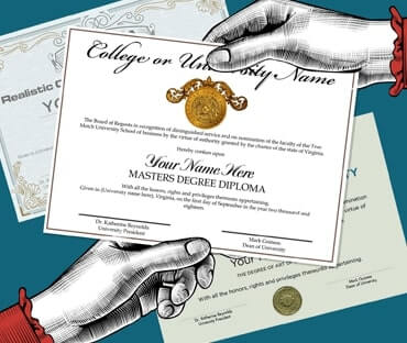 hands holding a few fake diplomas including a ged, high school, college and university novelties